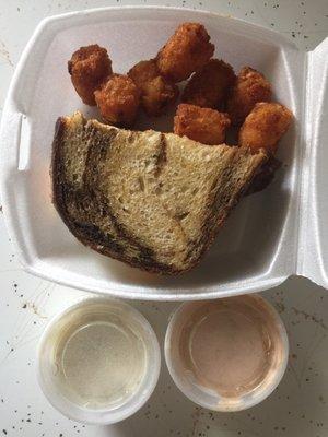 Patty melt leftovers - with tots and cajun ranch. Yum!