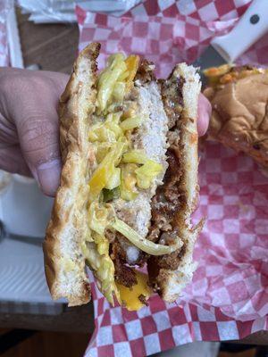 What's inside the Fried Pork Chop Sand-which...it was amazing.