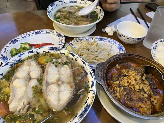 Hu Tieu My Tho Thit Tom Muc Gan (Shrimp - Squid - Pork Liver Noodle Soup) Ca kho To (caramelize fish in claypot) Sweet and sour fish soup