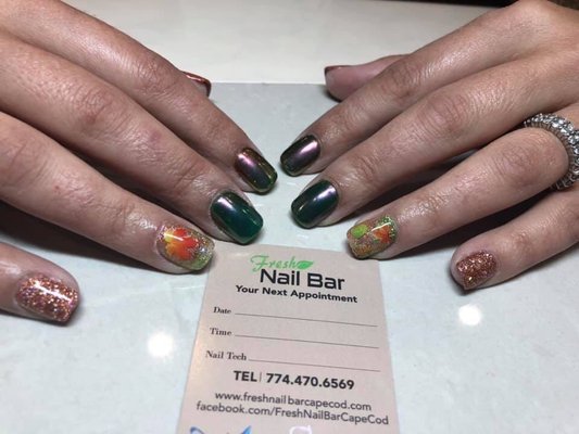 Chrome, Sugar, and fall leaves nail art