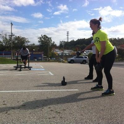 When the weather is nice, we do sprints, sled pushes and swings outside!