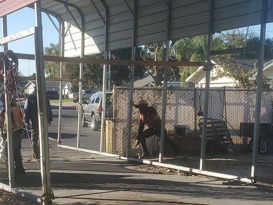 Removing a 15ft carport to start the job of removing trees.