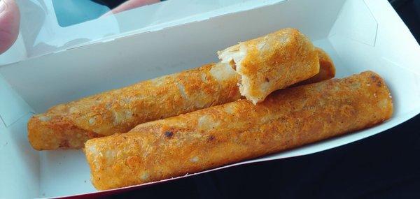 Steak and cheese taquito, 3 for $3. Its good and has a kick to them.