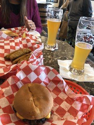 A great cheeseburger and some fried pickles