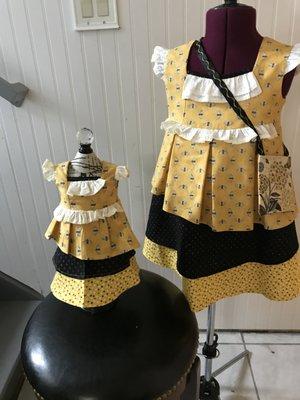 Bee tiered dress with purse and matching 18 inch doll dress