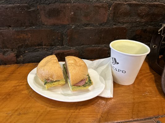 Matcha latte not pre-sweetened and yummy egg sandwich.