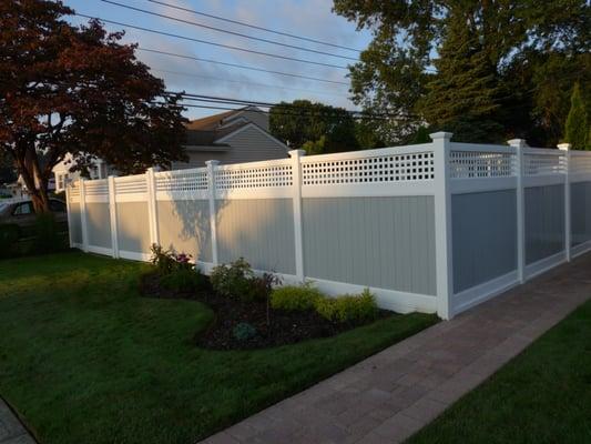 PVC Fence Grey and White with Square Lattice Topper