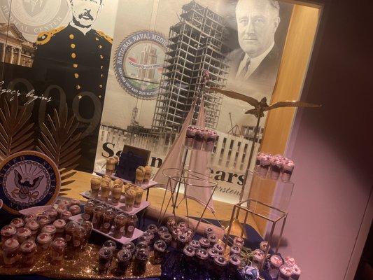 Personalized U.S. Navy themed mini dessert bar. All design, decor` and desserts by SIMDB!
#retirement #celebration