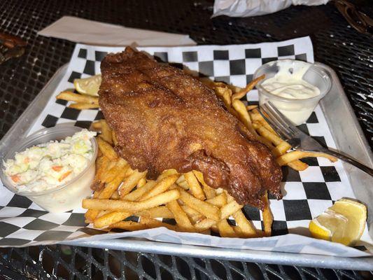 Guinness, beer, battered fish, and chips