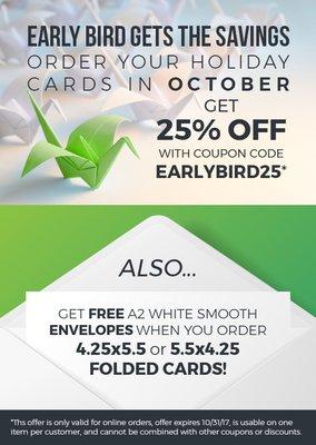 Now through October 15th, get 25% off all folded cards and postcards and free envelopes!