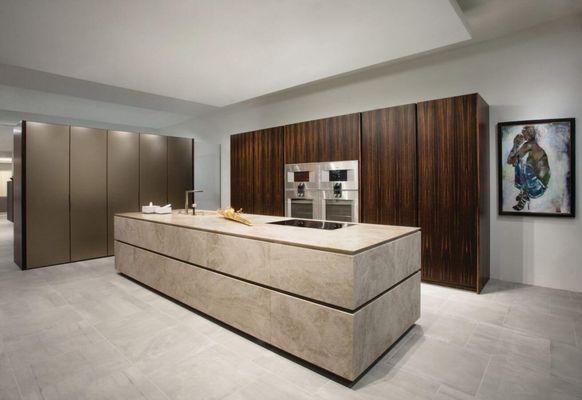 unique stone kitchen with wood wall cabinets housing pantry and integrated high-end appliances