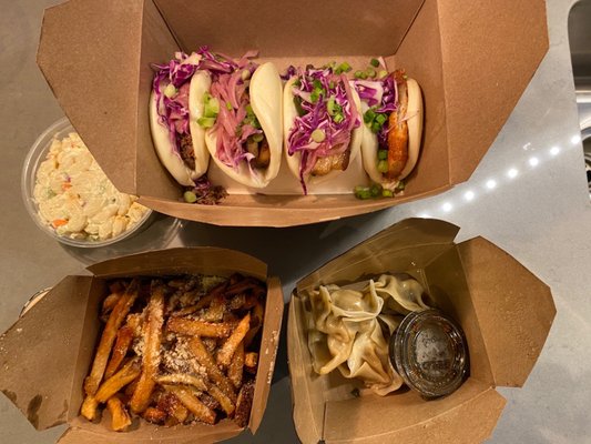 Beef, Fried Chicken Bao, and Pork Belly Bao, Parmesan Truffle Fries, Steamed Pork and Chives Dumplings, and Mac Salad