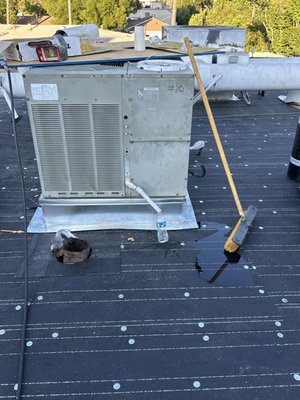 This is a photo of how they were trying to contain leaks from the ac condensation lines with water bottles which caused ceiling leaks.