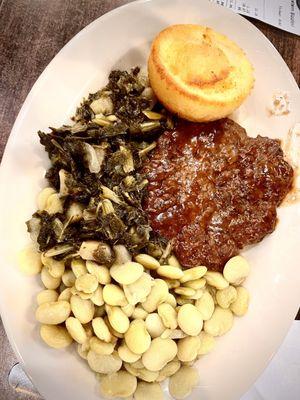 Lima beans, hamburger steak, cornbread muffin and greens