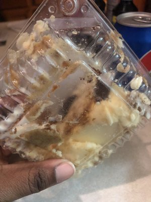 My food was almost 2 hours late it was ice cold and then they bring me this beat up cheese cake smh very disappointed.