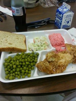 Stone ground wheat bread, seared chicken breast, peas, cole slaw and strawberry mouse