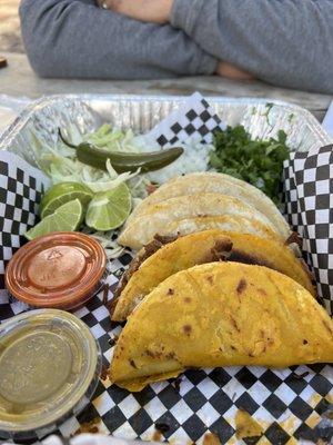 Crunchy and soft goat tacos with sauce, cilantro, and onions