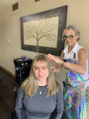 BANGS! From one length style to layers with Color hues of honey,milk and almond.