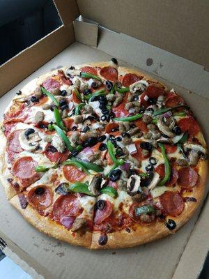 Build your own pizza Supreme. Pepperoni, black olives, mushrooms, onions, green peppers, and Italian sausage! ~Delicious