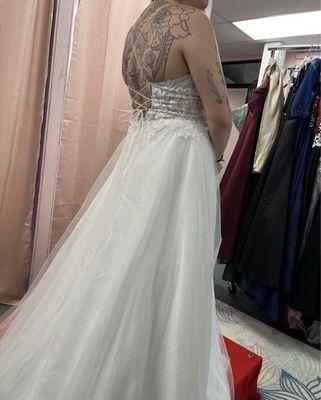 Cross tie back, sparkly white wedding dress