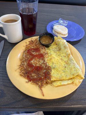 3 egg omelette and hash browns, biscuit.