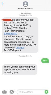 Text confirmation from Thursday, June 11th.