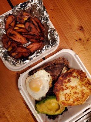 Bandeja paisa, plus a slide of fried sweet plantains.