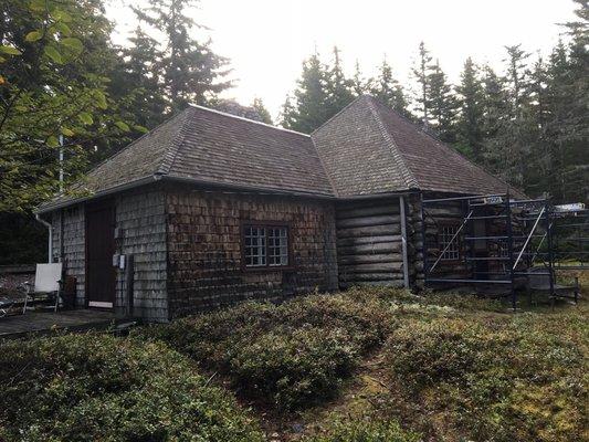 Before photo of cabin on Sutton Island- New Cedar Shingles to be installed on roof! Check out our after photo!