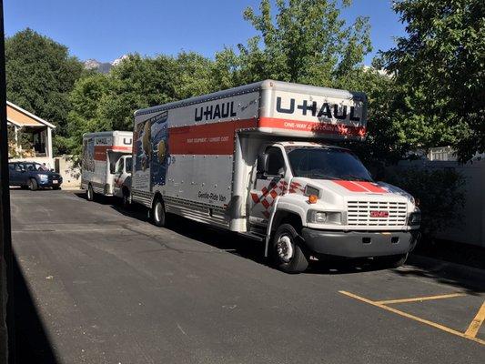 Customer parking is taken up by huge trucks