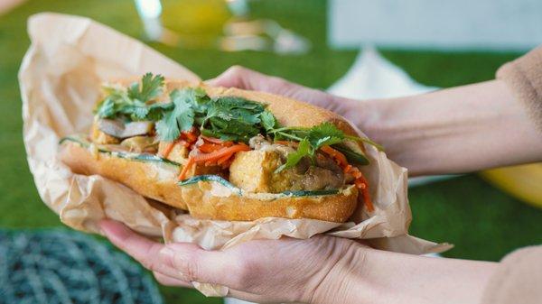 Noshery x East Side Banh Mi Vegan Banh Mi with chili crisp tofu & roasted eggplant