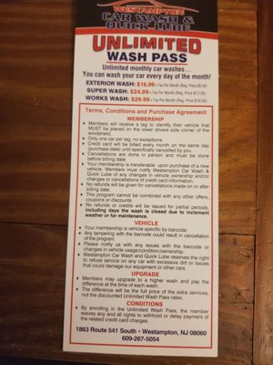 This is the handout from Westampton Car Wash for "Unlimited" monthly car washes outlining their terms and conditions.