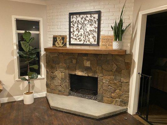 Fireplace stone veneer over brick