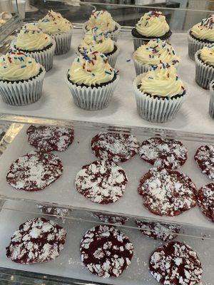 Red velvet crackle cookies. get them while they last! They go quickly!