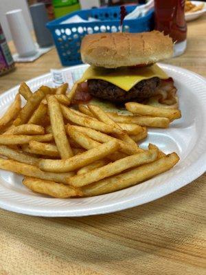 Large cheeseburger. French fries.