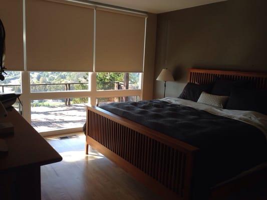 Roller shades in bedroom.