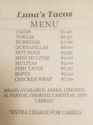 Menu as of 2/13/20