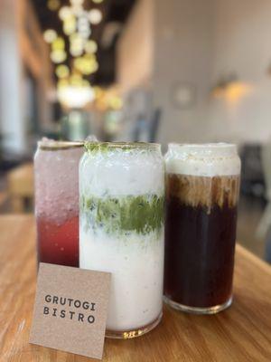 from left to right: blueberry chiller, matcha latte with vanilla, salted cloud cold brew