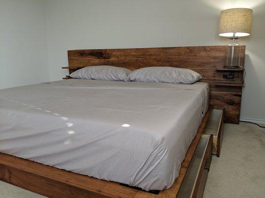 Pecan King Bed with Storage, electrical outlets