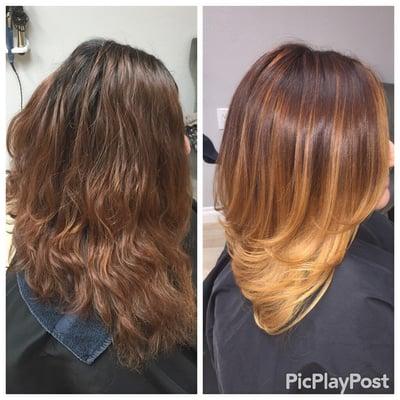 First session going blonde on the ends after doing auburn but still keeping it at her roots.