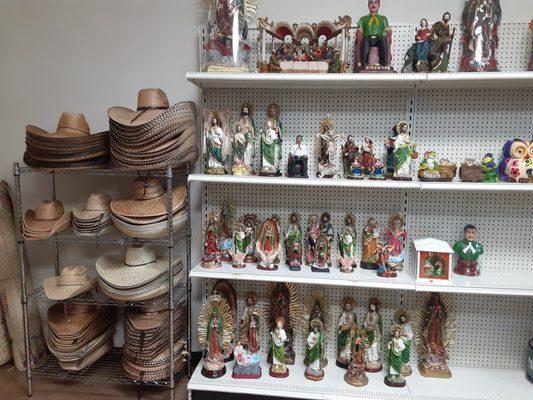 Mexican talavera pots, sombrero hat, religious, coin bank, key chains, backpack, shot glasses and much much more.