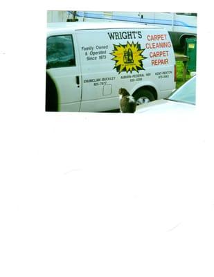 Wrights services Carpet cleaning Van With house Cat looking on