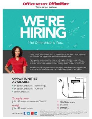 Office max in Madison heights is hiring!
Full time and part time positions avaliable!

http://jobs.officedepot.com/store/006026