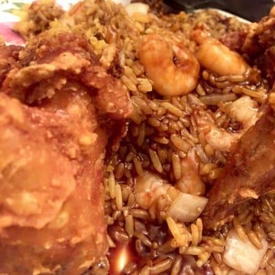 Chicken wings with shrimp fried rice and brown sauce. Mmmmmmm.