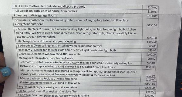 The ridiculous itemized bill to keep entire security deposit -