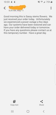 Text msg they sent me regarding why they weren't able to deliver the flowera.