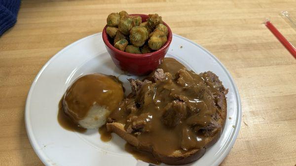 The small portion open face roast beef with mashed potatoes and fried okra