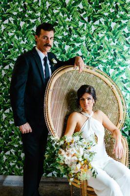 wedding rentals, bride and groom, boho lounge, peacock chairs, props, furniture rentals