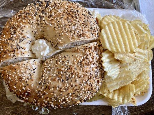 Chicken salad on a toasted everything bagel