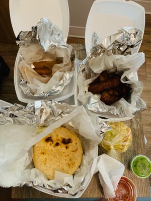 pupusa, yucca fries, plantains