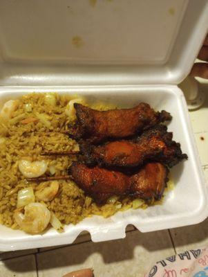 Steak sticks and shrimp rice